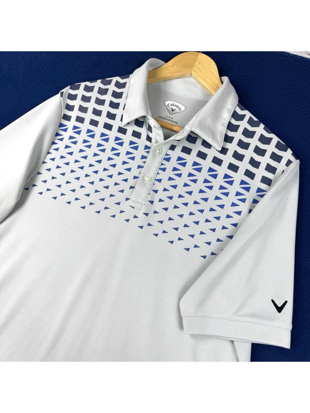 Callaway Golf Polo Shirt Gray Blue Geometric Performance Mens M Preppy Sporty